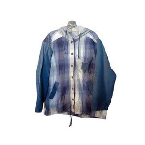 Braetan Hooded Button Front Shaket One Size Fits Most Blue White Plaid Vintage